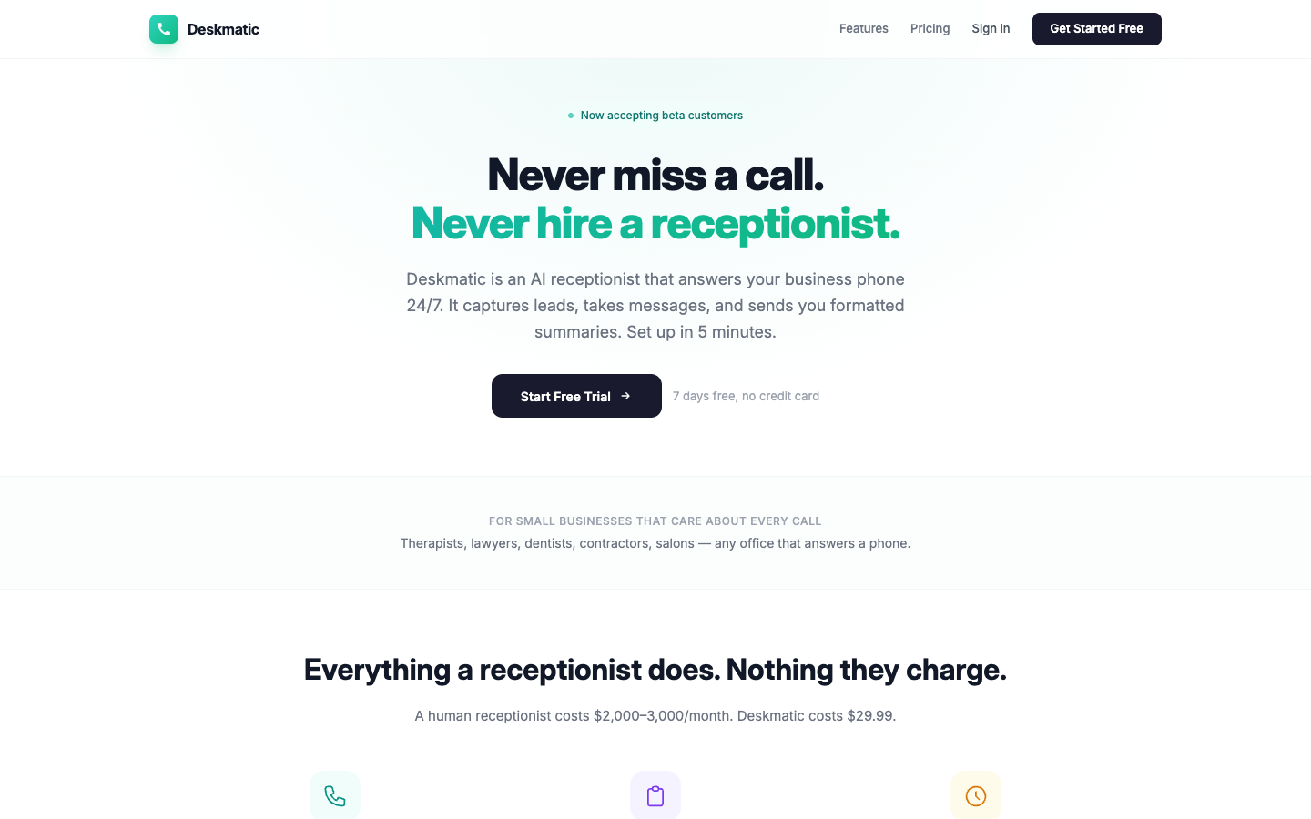 Deskmatic AI homepage screenshot